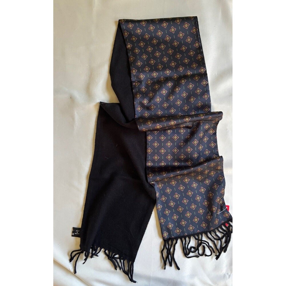 VINTAGE Silkroad Scarf Navy Geometric Design REAL Silk And Wool